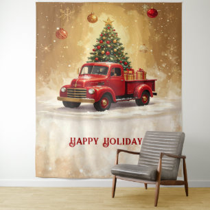 Vintage Red Truck with Christmas Tree Backdrop Tapestry