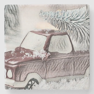 Vintage Red Truck with Christmas Tree drawing Stone Coaster
