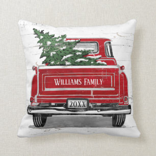 Vintage Red Truck with Christmas Tree Family Name Cushion
