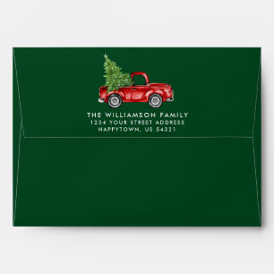 Vintage Red Truck with Christmas Tree Green Envelope
