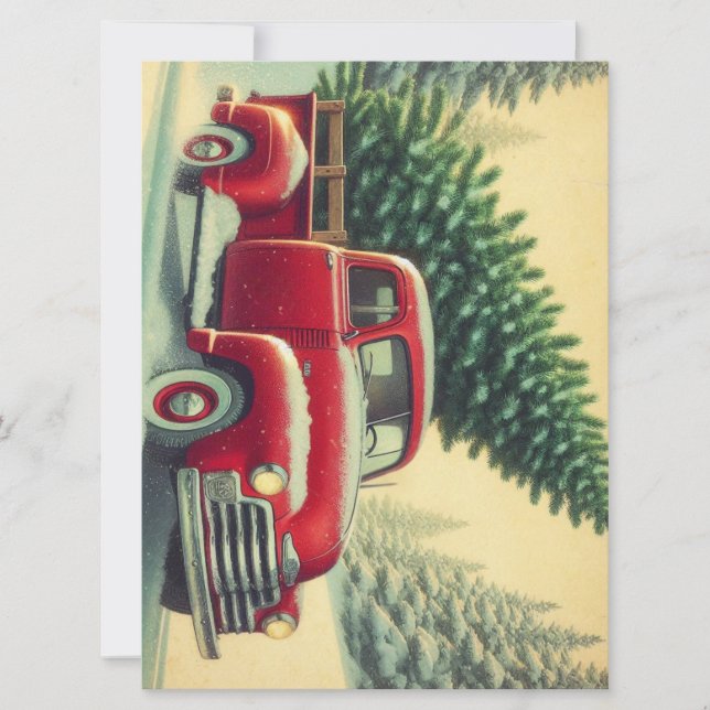 Vintage red truck with Christmas tree Holiday Card (Front)