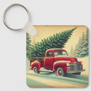 Vintage red truck with Christmas tree Key Ring