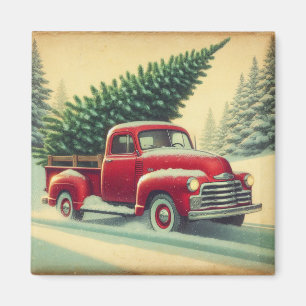 Vintage red truck with Christmas tree Magnet