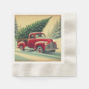 Vintage red truck with Christmas tree Napkin