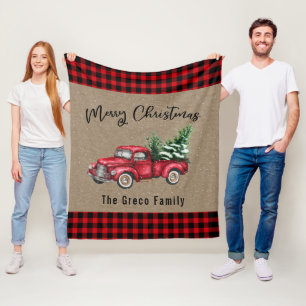 Vintage Red Truck with Christmas Tree Plaid Name Fleece Blanket