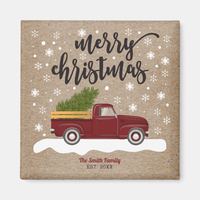 Vintage Red Truck With Christmas Tree Retro Magnet (Front)
