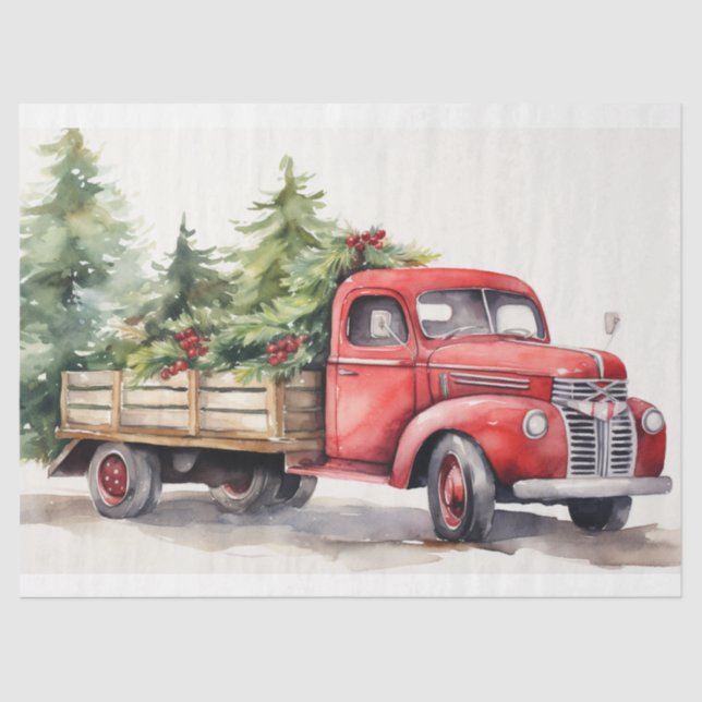 Vintage Red Truck with Christmas Trees Tissue Paper (Front)