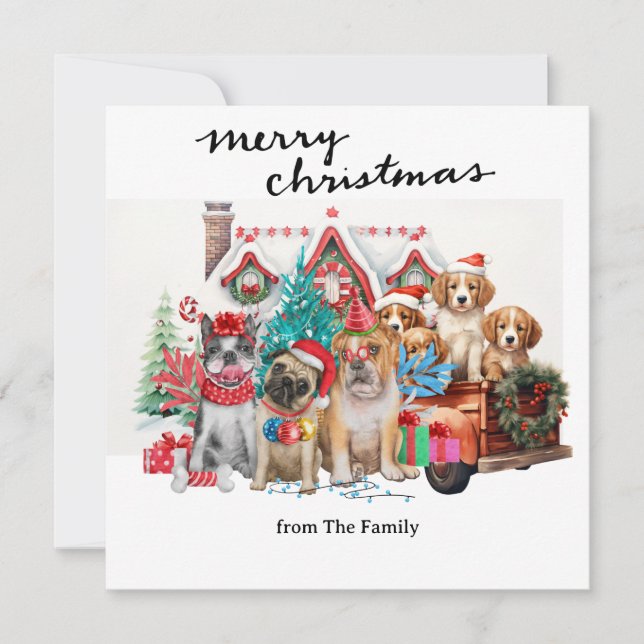 Vintage Red Truck with Dogs Christmas Holiday Card (Front)