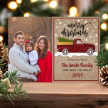 Vintage Red Truck With Tree Christmas Photo Holiday Card<br><div class="desc">Spread holiday cheer with this personalised Christmas photo card featuring a charming vintage red truck carrying a Christmas tree. The rustic design, combined with festive snowflakes and a cosy holiday vibe, makes this card perfect for sharing your family’s warmest wishes. Easily swap in your own family photo and customise the...</div>