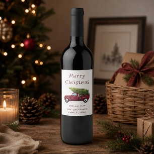 Vintage Red Watercolor Christmas Truck Wine Label