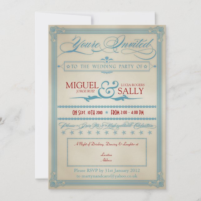 Vintage Red White & Blue Wedding Evening-Only Invitation (Front)
