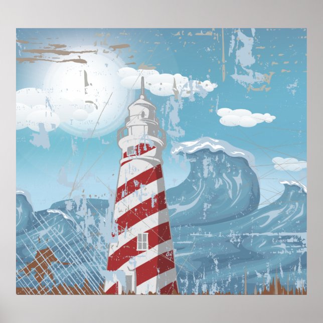 Vintage red white lighthouse grunge poster print (Front)