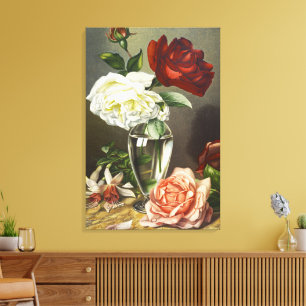 Vintage Red White Pink Roses in Glass Vase Art Canvas Print