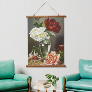 Vintage Red White Pink Roses in Glass Vase Art Hanging Tapestry
