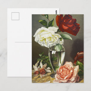 Vintage Red White Pink Roses in Glass Vase Art Postcard