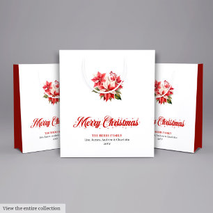 Vintage Red White Poinsettia Festive Xmas Gift Bag