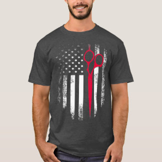 Vintage  Red White Scissor American Flag  Barber T-Shirt