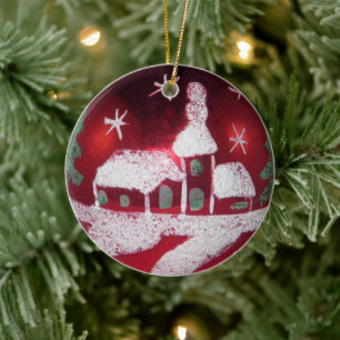 Vintage Red White Snowy Christmas House Ceramic Tree Decoration