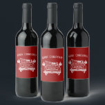 Vintage Red White Truck Merry Christmas Name Wine Label<br><div class="desc">These holiday wine labels feature a vintage pick-up truck carrying a Christmas tree in the back with your name on the back of the truck to personalise. Designed by artist Tim Coffey.</div>