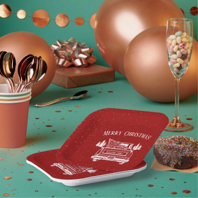 Vintage Red White Truck Merry Christmas Paper Plate (Multi)