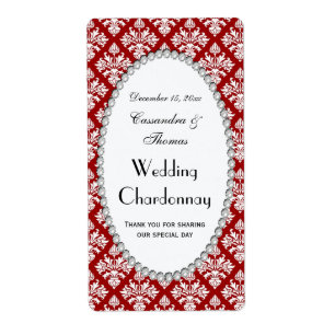 Vintage Red Wht Damask Pearl V Wine Bottle Label