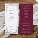 Vintage Red Wine Victorian Floral French Wedding Programme<br><div class="desc">Dark wine tones create a rich, romantic statement in this vintage French wedding program, perfect for an elegant and dramatic celebration. The design is framed with a graceful chinoiserie floral frame, featuring intricate floral artwork inspired by Victorian botanical illustration and classic toile de jouy patterns. The deep red wedding palette...</div>