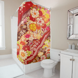 Vintage Red Yellow Japanese Kimono Floral Floral Shower Curtain