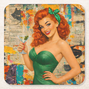 Vintage Redhead Pin-Up Martini Girl – Retro Glam Square Paper Coaster