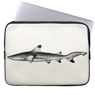 Vintage Reef Shark Illustration - Black Tipped Laptop Sleeve