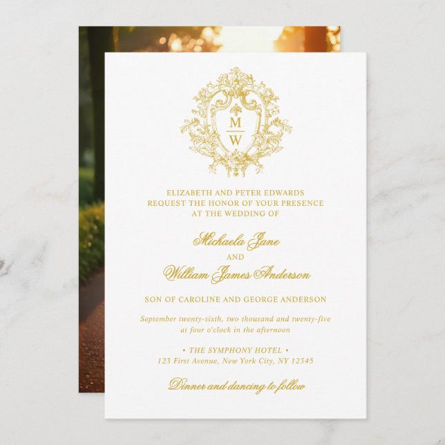 Vintage Regency Monogram Crest Photo Wedding Invitation (Front/Back)