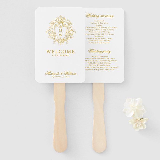 Vintage Regency Monogram Crest Wedding Program Hand Fan (Front and Back)