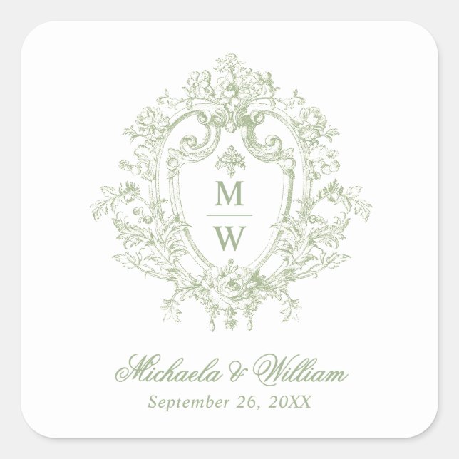 Vintage Regency Monogram Crest Wedding Square Sticker (Front)