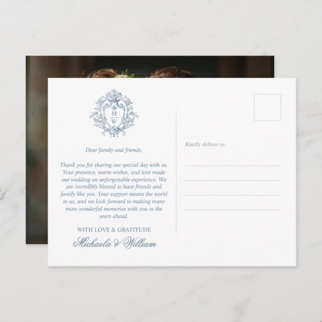 Vintage Regency Monogram Crest Wedding Thank You Postcard (Front/Back)