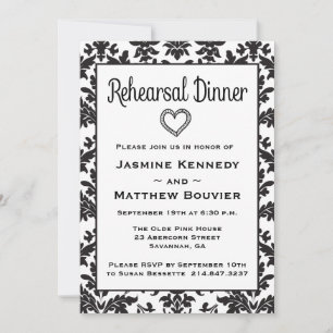 Vintage Rehearsal Dinner Black And White Damask Invitation