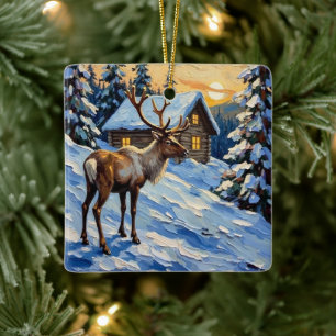 Vintage Reindeer by Snowy Cabin Christmas Painting Ceramic Ornament