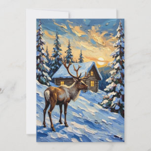 Vintage Reindeer by Snowy Cabin Christmas Painting Holiday Card