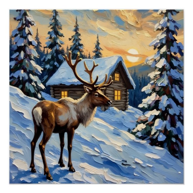 Vintage Reindeer by Snowy Cabin Christmas Painting Poster (Front)