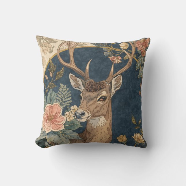 Vintage,  Reindeer Deer and Flowers Pattern Cushion (Front)