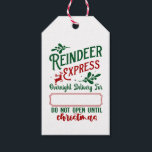 Vintage Reindeer Express Christmas Gift From Santa Gift Tags<br><div class="desc">This festive "reindeer express" Christmas gift tag design brings a playful touch to your holiday presents with its charming vintage-inspired lettering and whimsical reindeer graphic. Featuring bold green and red typography, this customisable tag includes space hand write the recipients' names and the reminder, "Do Not Open Until Christmas, " adding...</div>