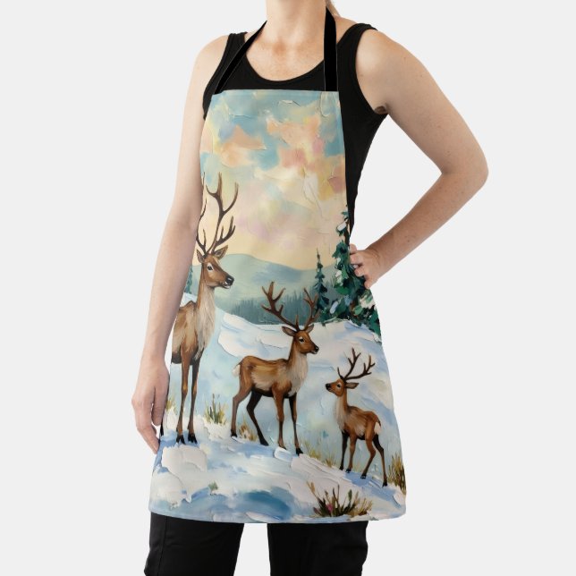 Vintage Reindeer Family Winter Meadow Painting Apron (Insitu)