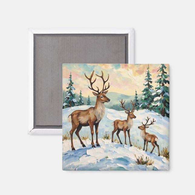 Vintage Reindeer Family Winter Meadow Painting Magnet (Front/Back)