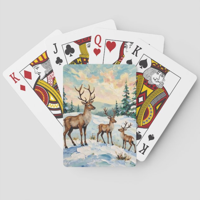 Vintage Reindeer Family Winter Meadow Painting Playing Cards (Back)