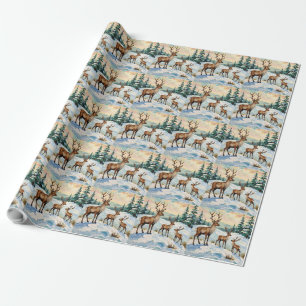 Vintage Reindeer Family Winter Meadow Painting Wrapping Paper