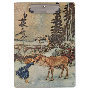Vintage Reindeer Girl Winter Snow Scene Poster Clipboard