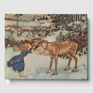 Vintage Reindeer Girl Winter Snow Scene Poster Guest Book