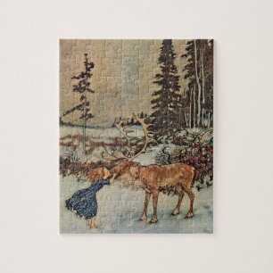 Vintage Reindeer Girl Winter Snow Scene Poster Jigsaw Puzzle