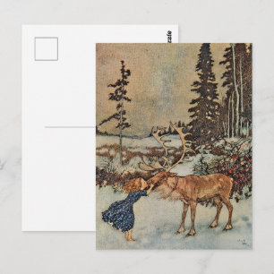 Vintage Reindeer Girl Winter Snow Scene Poster Postcard
