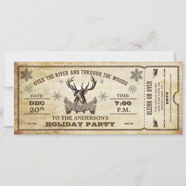 Vintage Reindeer Holiday Party Ticket Invitation (Front)