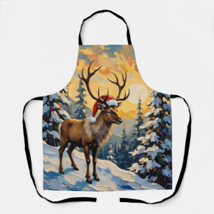 Vintage Reindeer with Santa Hat in Snowy Forest Apron