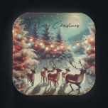 Vintage Reindeers and Christmas Lights   Paper Plate<br><div class="desc">Christmas Party paper plates with ai art depicting a beautiful watercolor rendition of reindeer running through the pine trees on Christmas Eve.</div>